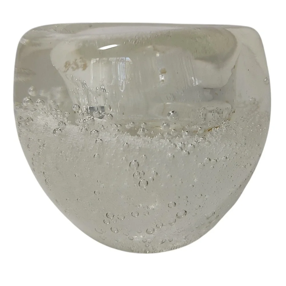 Clear Art Glass Votive Candle Holder With Bubbles Polish Bottom Heavy 3.5 in
